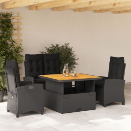 Juego comedor jardín 4 piezas con cojines ratán sintético negro