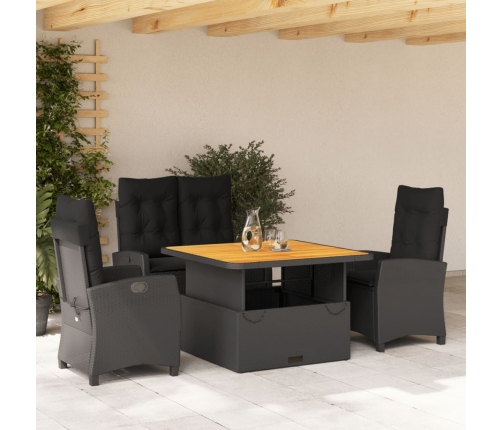Juego comedor jardín 4 piezas con cojines ratán sintético negro