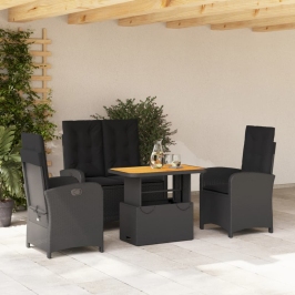Juego comedor jardín 4 piezas con cojines ratán sintético negro