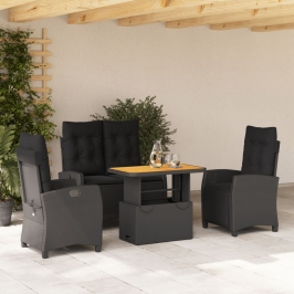 Juego comedor jardín 4 piezas con cojines ratán sintético negro