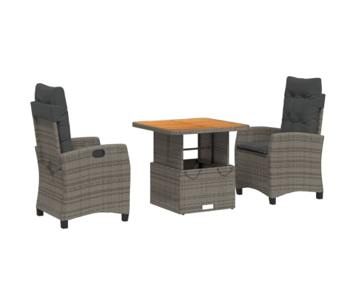 Set comedor de jardín 3 piezas con cojines ratán sintético gris