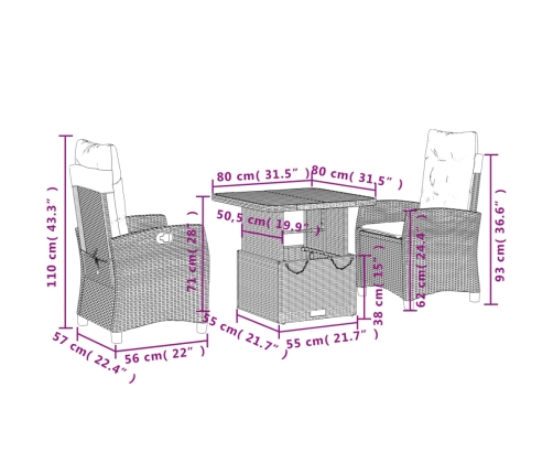 Set comedor de jardín 3 piezas con cojines ratán sintético gris