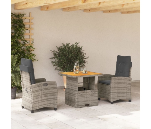 Set comedor de jardín 3 piezas con cojines ratán sintético gris