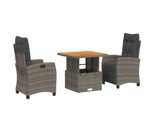 Set comedor de jardín 3 piezas con cojines ratán sintético gris
