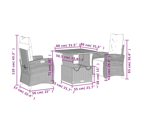 Set comedor de jardín 3 piezas con cojines ratán sintético gris