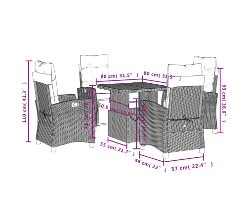 Set comedor de jardín 5 piezas con cojines ratán sintético gris