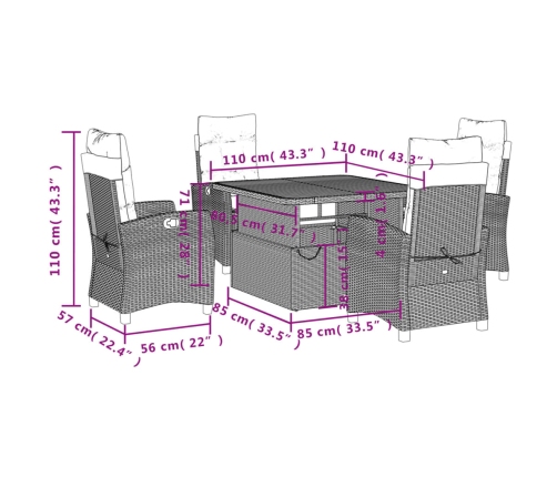 Set comedor de jardín 5 piezas con cojines ratán sintético gris