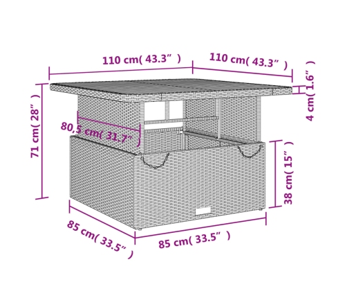Set comedor de jardín 5 piezas con cojines ratán sintético gris