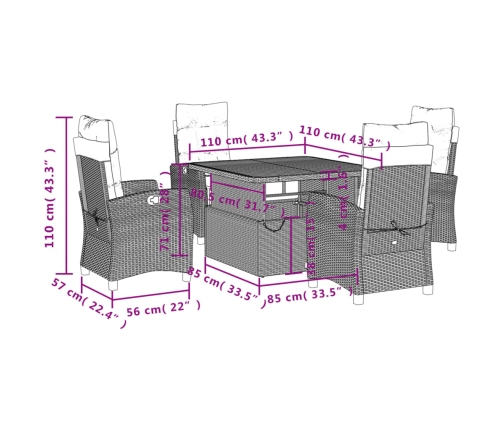 Set comedor de jardín 5 piezas con cojines ratán sintético gris