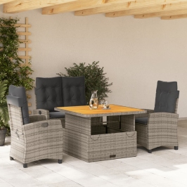 Juego de comedor de jardín 4 piezas con cojines ratán PE gris