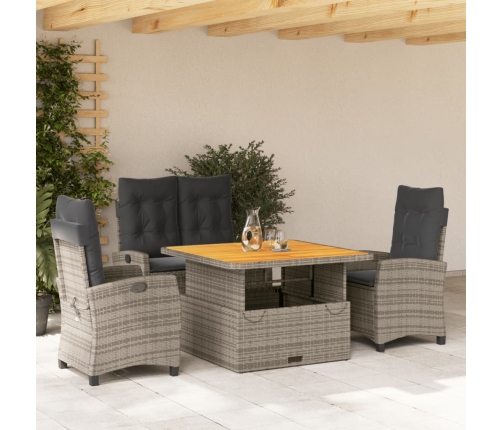 Juego de comedor de jardín 4 piezas con cojines ratán PE gris