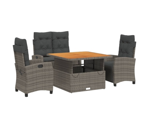 Juego de comedor de jardín 4 piezas con cojines ratán PE gris