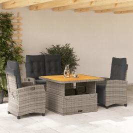 Juego de comedor de jardín 4 piezas con cojines ratán PE gris