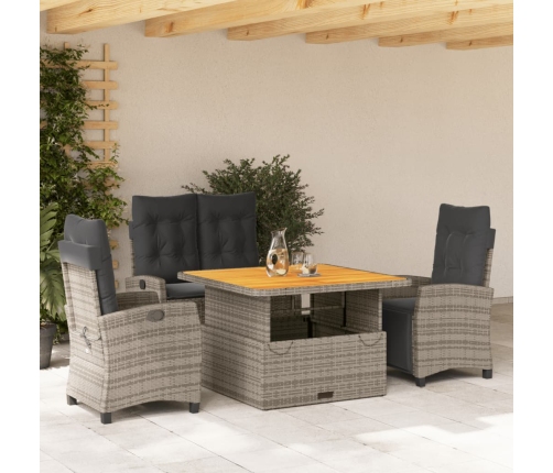 Juego de comedor de jardín 4 piezas con cojines ratán PE gris
