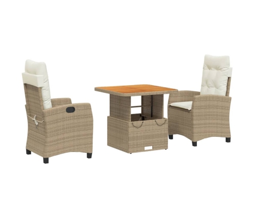 Set comedor de jardín 3 pzas con cojines ratán sintético beige