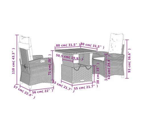 Set comedor de jardín 3 pzas con cojines ratán sintético beige