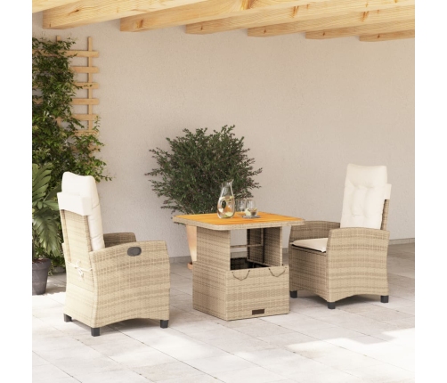 Set comedor de jardín 3 pzas con cojines ratán sintético beige