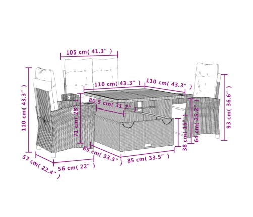 Set de comedor jardín con cojines 4 pzas ratán sintético beige