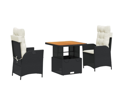 Set comedor de jardín 3 pzas con cojines ratán sintético negro