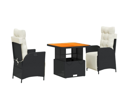 Set comedor de jardín 3 pzas con cojines ratán sintético negro