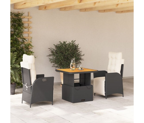 Set comedor de jardín 3 pzas con cojines ratán sintético negro