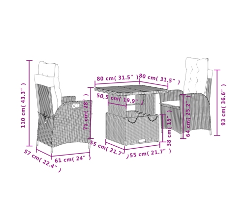 Set comedor de jardín 3 pzas con cojines ratán sintético negro