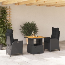 Set comedor de jardín 3 pzas con cojines ratán sintético negro