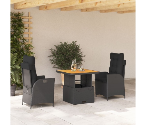 Set comedor de jardín 3 pzas con cojines ratán sintético negro