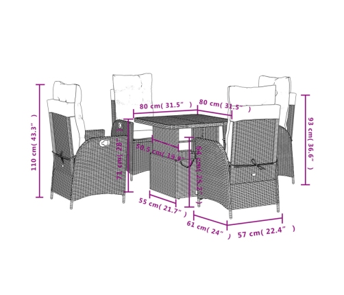 Set de muebles jardín 5 pzas con cojines ratán sintético negro