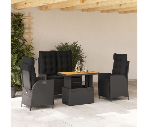 Juego comedor jardín 4 piezas con cojines ratán sintético negro