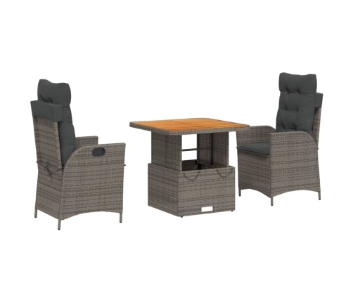 Set comedor de jardín 3 piezas con cojines ratán sintético gris