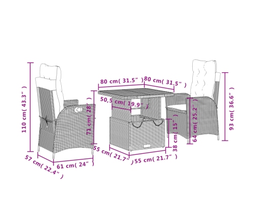 Set comedor de jardín 3 piezas con cojines ratán sintético gris