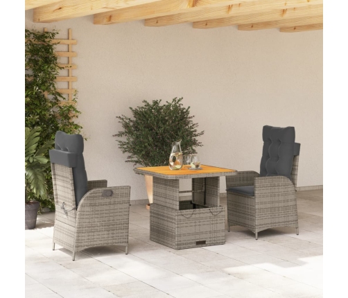 Set comedor de jardín 3 piezas con cojines ratán sintético gris