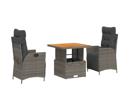 Set comedor de jardín 3 piezas con cojines ratán sintético gris