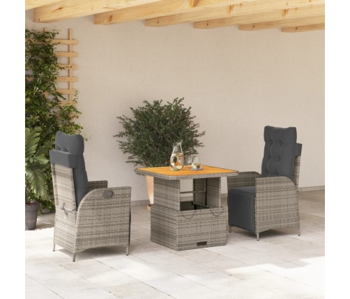 Set comedor de jardín 3 piezas con cojines ratán sintético gris