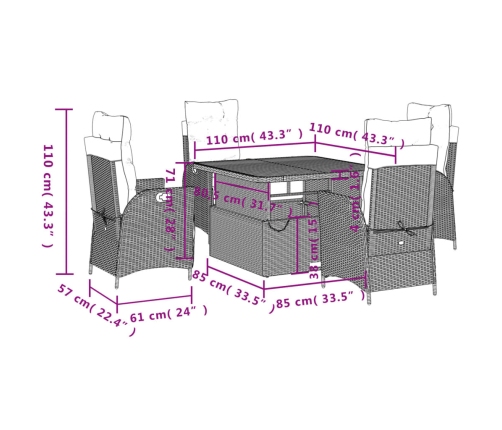 Set comedor de jardín 5 piezas con cojines ratán sintético gris