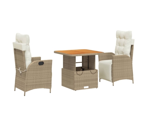 Set comedor de jardín 3 pzas con cojines ratán sintético beige