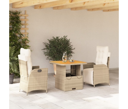 Set comedor de jardín 3 pzas con cojines ratán sintético beige