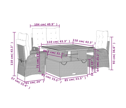 Set de comedor jardín con cojines 4 pzas ratán sintético beige