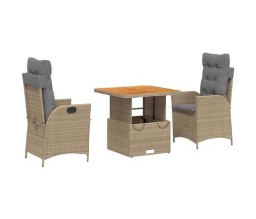 Set comedor de jardín 3 pzas con cojines ratán sintético beige