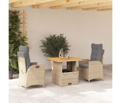 Set comedor de jardín 3 pzas con cojines ratán sintético beige