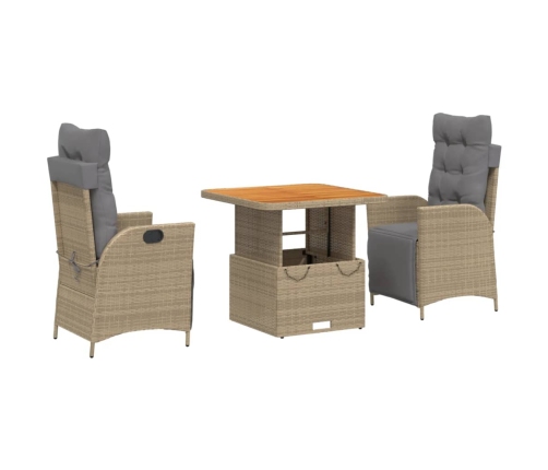 Set comedor de jardín 3 pzas con cojines ratán sintético beige