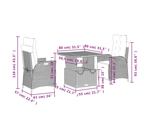 Set comedor de jardín 3 pzas con cojines ratán sintético beige