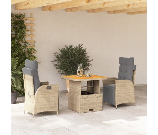 Set comedor de jardín 3 pzas con cojines ratán sintético beige