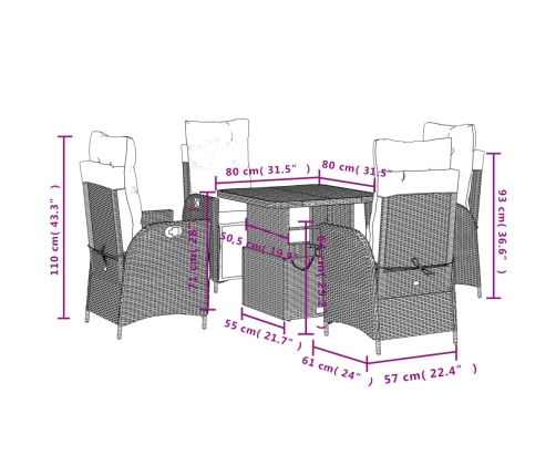 Set comedor de jardín 5 pzas con cojines ratán sintético beige
