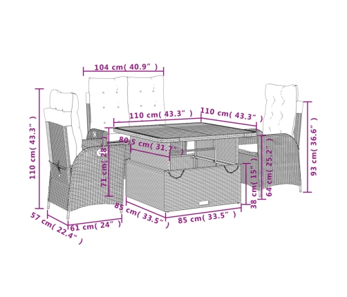 Set de comedor jardín con cojines 4 pzas ratán sintético beige