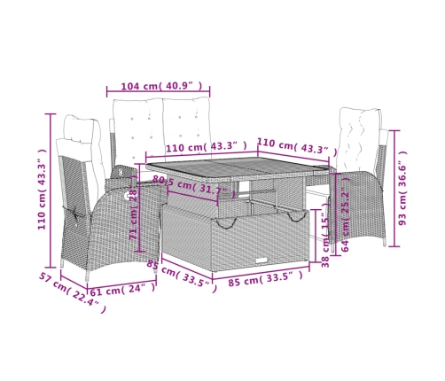 Set de comedor jardín con cojines 4 pzas ratán sintético beige