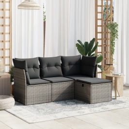 Set de sofás de jardín 4 pzas y cojines ratán sintético gris