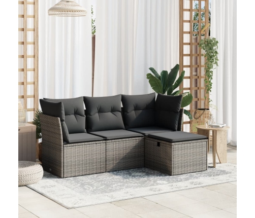 Set de sofás de jardín 4 pzas y cojines ratán sintético gris