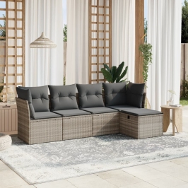 Set de sofás jardín y cojines 5 pzas ratán sintético gris claro